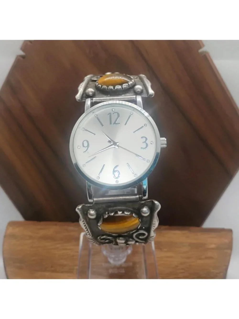 VTG Old Pawn Navajo Sterling Silver Tiger's Eye Watch Tips & Working Watch